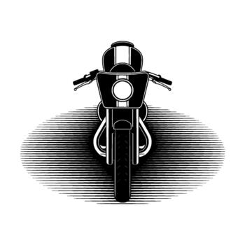 A bold illustration of a classic cafe racer motorcycle viewed from the front featuring a streamlined and a dynamic horizontal line halftone effect emanating from the front wheel and radi vector