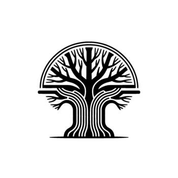 un rígido ilustración de un estilizado antiguo árbol con intrincado derivación patrones y raíz sistema contenido dentro un semicircular frontera vector