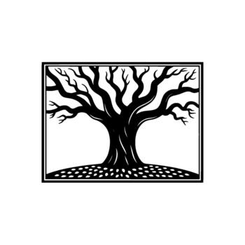 A stark silhouette of a majestic bare tree with intricate branching stands proudly within a decorative rectangular frame vector