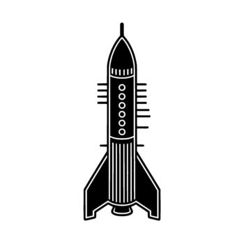 A stylized retro rocket ship with fins and circular window details rendered as a simple vector