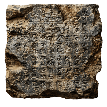 Ancient stone tablet with cuneiform script and carvings. weathered texture. back png