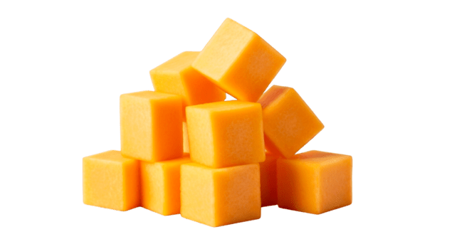 apilar de naranja queso Cheddar queso cubitos con agudo bordes aislado en un transparente antecedentes png