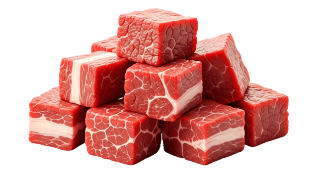 apilar de crudo carne de vaca cubitos con visible jaspeado y grasa capas aislado en un transparente antecedentes png