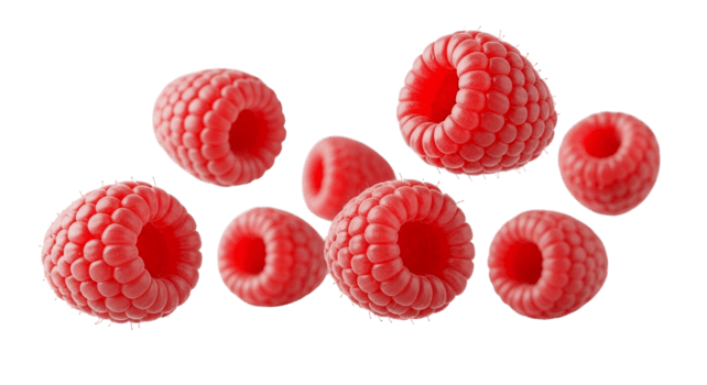 flera mogen röd hallon spridd och flytande i en dynamisk arrangemang isolerat på en transparent bakgrund png