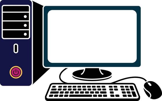 Dark blue desktop computer tower monitor keyboard and mouse with power button vector