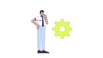 confuso uomo analizzando algoritmico processi 2d animazione. indiano dati scienziato guardare perplesso a Ingranaggio meccanismo automazione animato personaggio cartone animato piatto concetto metafora 4k isolato su bianca video