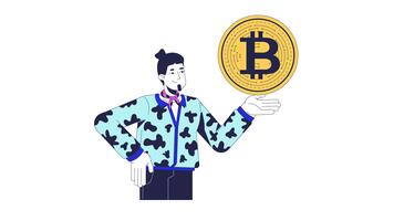 eleganta crypto hållare presenter bitcoin 2d animation. blockchain investerare entusiast. modern man kryptovaluta användare animerad karaktär tecknad serie platt begrepp liknelse 4k isolerat på vit video
