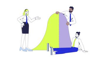 dati scienziati squadra analizzando campana curva distribuzione 2d animazione. standard deviazione. diverso analisti discutere grafico animato personaggi cartone animato piatto concetto metafora 4k isolato su bianca video