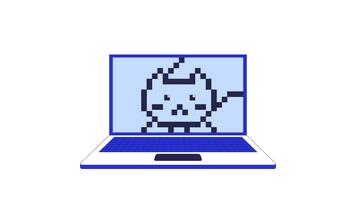 pixel arte gatto visualizzato su il computer portatile schermo 2d cartone animato oggetto animazione. pixelated gattino guardare lato per lato. Tech nostalgia. Internet cultura animato piatto colorato articolo 4k isolato su bianca video