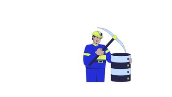 data brytning 2d animation. digital värdefullt insikter hämtning. arab manlig gruvarbetare extrahera med pickaxe från dataset server animerad karaktär tecknad serie platt begrepp liknelse 4k isolerat på vit video