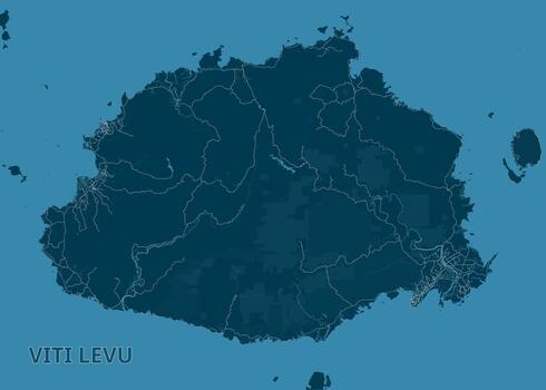 map of Viti Levu, the largest island in Fiji. The map is rendered in a monochromatic blue palette, with the island itself in a darker shade of blue and the surrounding ocean in a lighter shade. vector