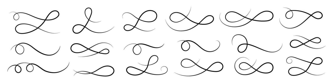 Hand drawn swoosh underline set with calligraphic curved lines and retro ornament tails, ideal for typography vector
