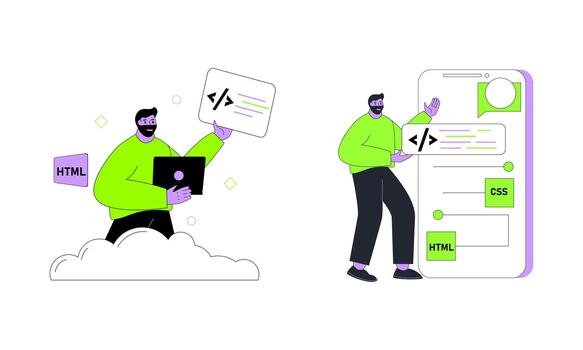 group Man Explaining Web programming. Male showing screen computer programmer software coding language. vector