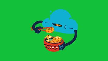 Karikatur Wolke Charakter Essen Daten Blöcke mit Essstäbchen von ein Schüssel, Darstellen Wolke Computing und Daten Verbrauch video