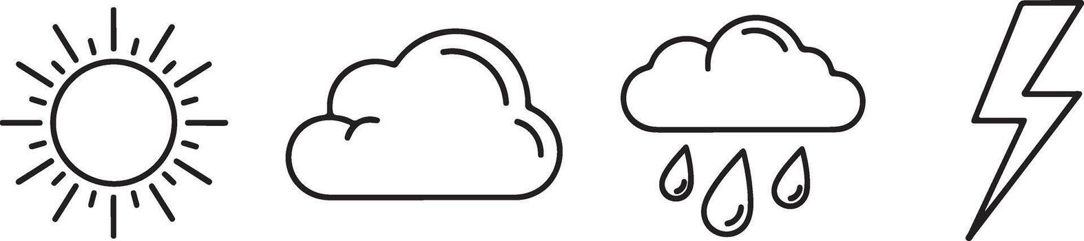 Simple Line Icons Of Sun, Cloud, Rain Cloud With Drops, And Lightning Bolt weather vector
