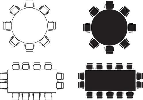 parte superior abajo ver de redondo y rectangular mesas con sillas en contorno y silueta reunión vector