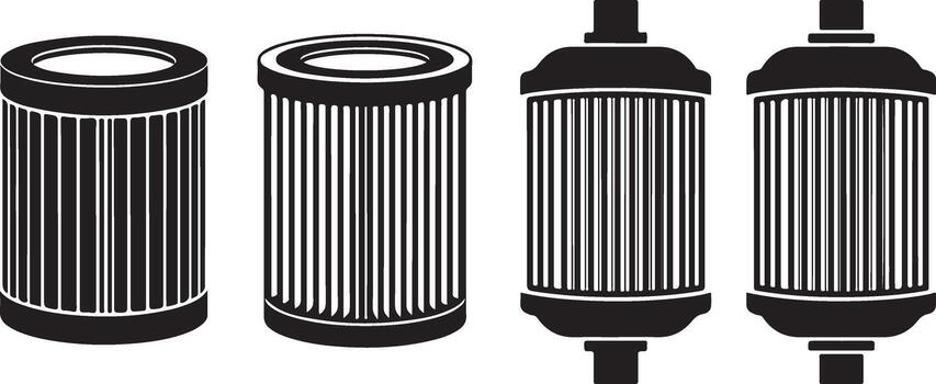 Four Cylindrical Filters With Vertical Pleats And Caps On White Background filtration vector