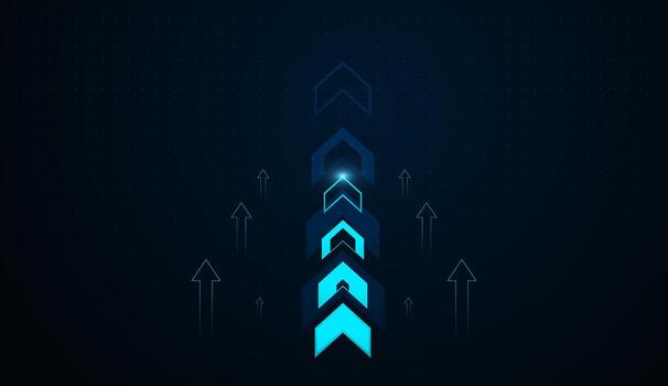 A series of glowing blue chevrons point skyward, capturing the concept of business acceleration and tech-driven progress. Abstract arrows rising vector