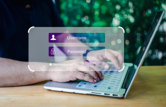 Man use laptop typing password. Desk displays a secure login interface with password field and user icons. photo
