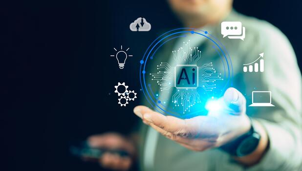 Man using technology smart robot AI tech for business service photo