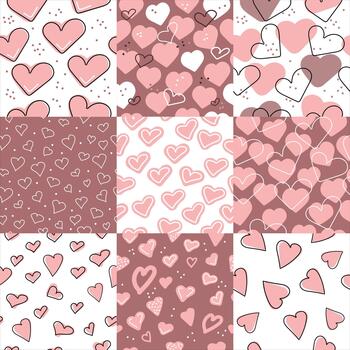 un colección de sin costura San Valentín día patrones. un conjunto de patrones con dibujado a mano corazones. vector