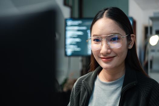 Asian woman confident programmer sitting in front of a computer with code in the background photo