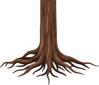 Tree trunk with extensive root system illustration showing natural brown wood texture and spreading roots vector