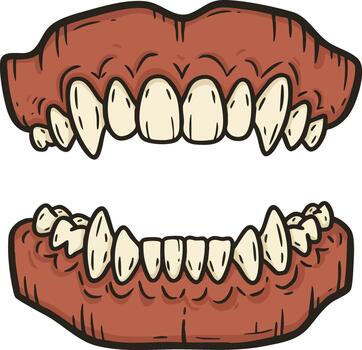 Cartoon vampire fangs with gums and sharp teeth in open mouth illustration for Halloween design vector