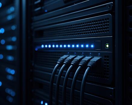 Close-Up of IT Infrastructure with Connected Ethernet Ports and Blue LED Lights, Data Center Network Concept photo