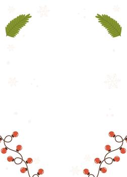 Festive minimalist Poster template design featuring greenery, red string lights, and snowflakes on a white background with ample blank space for text or design. vector