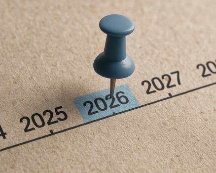 Blue Pushpin Fixed on 2026 Timeline Point Emphasizing Strategic Vision, Organizational Planning and Future Business Development photo