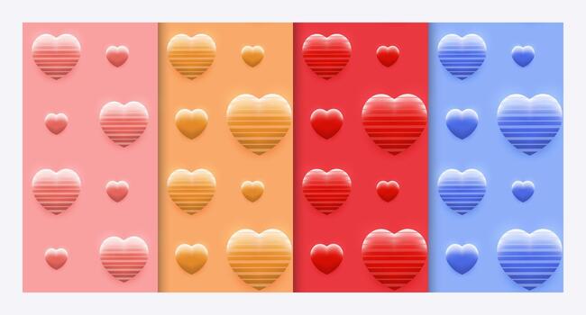 A set of four repeating patterns featuring 3D striped hearts vector