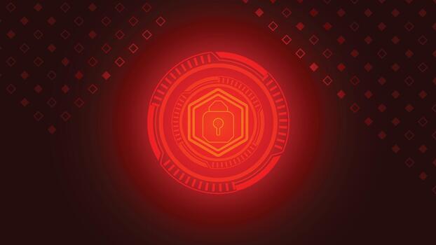 Modern red cyber security background featuring a glowing lock symbol with futuristic tech rings and digital elements perfect for technology security data protection and network themes vector