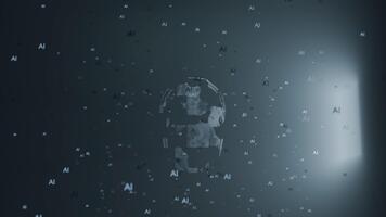 resumen estructura metálica ai cara emergente desde un nube de flotante digital partículas video