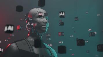 humanoide robot rodeado por dinámica 3d ai cubitos datos corrientes video