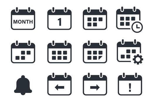 Calendar Icon Set. Planning, scheduling and events. Months, days, weeks, reminders. vector