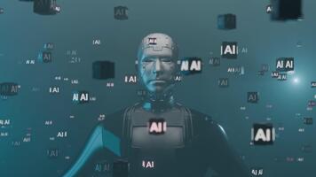 futurista humanoide robot rodeado por dinámica 3d ai cubitos datos corrientes video