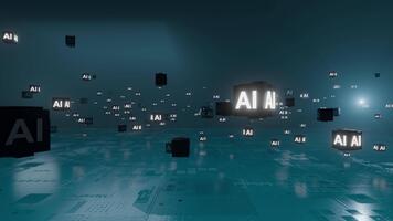 expansivo ai datos cubitos flotante a través de un alto tecnología digital cuadrícula ambiente video