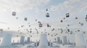 ai datos cubitos flotante encima un futurista nuclear energía instalaciones generando poder para avanzado inteligencia video
