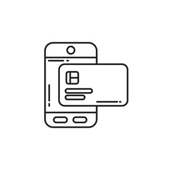 Thin line icon of credit card payment on smartphone for online shopping. Minimal outline style showing mobile pay, digital wallet, e-commerce purchase, and secure cashless transaction. vector