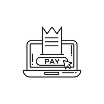 Thin line laptop with bill icon, representing online bill payment, digital invoices, and e-commerce transactions. Ideal for fintech apps, web billing systems, and secure online payments. vector