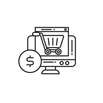 Thin line laptop with dollar symbol icon, representing online shopping, e-commerce payments, and digital purchasing. Ideal for fintech apps, web stores, and financial transactions. vector