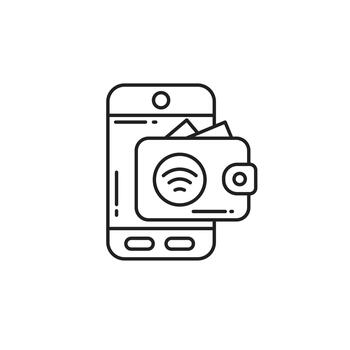 Thin line smartphone with wallet and WiFi symbol icon, representing wireless payments, mobile wallets, and digital transactions. Perfect for fintech apps, cashless checkout, and online finance. vector