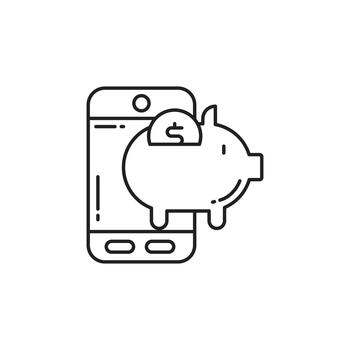 Thin line smartphone with piggy bank and dollar coin symbol, representing mobile savings, digital budgeting, and online finance management. Perfect for fintech apps and e-wallet features. vector