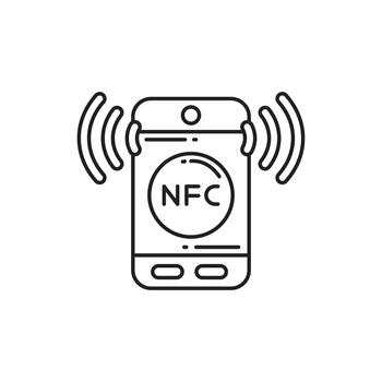 Delgado línea teléfono inteligente con nfc y Wifi señal icono, representando inalámbrico pagos, pagar con un toque, y digital actas. ideal para fintech aplicaciones, sin efectivo verificar, y móvil bancario. vector