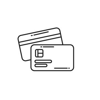 Delgado línea icono de dos crédito tarjetas, representando digital pagos, bancario, y en línea actas. ideal para fintech aplicaciones, comercio electrónico, seguro pago sistemas, y financiero servicios. vector