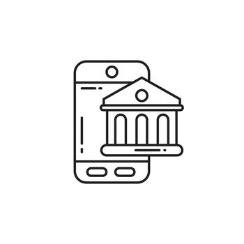 Thin line smartphone with bank symbol icon, showing mobile banking, digital payments, and online finance services. Ideal for fintech apps, money transfer, and secure transactions. vector