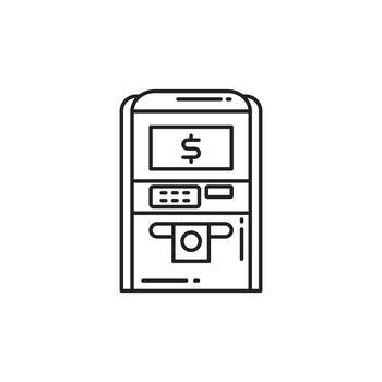 Thin line ATM machine icon representing cash withdrawal, banking services, and digital finance. Ideal for fintech apps, online banking, money transactions, and financial UI. vector