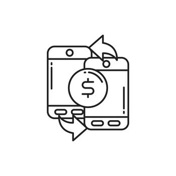 Thin line icon of two smartphones with exchange arrows and a dollar symbol, showing mobile money transfer, digital exchange, and online transactions. Ideal for fintech and e-wallet apps. vector
