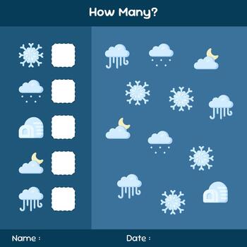 Count how many objects. Counting game on winter theme. Educational mathematical game. Counting game for children. Template for how many, vector